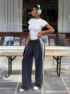 Muchica Women's White Striped Knitted Sweatpants Extra Long Straight Leg Pink Side Stripe Loose Fit Casual Track Pants For Everyday Wear White Beach Pants White Wide Leg Pants Women Wide Pants Wide Leg Summer Pants Palazzo Pants Women White Track Pants Women