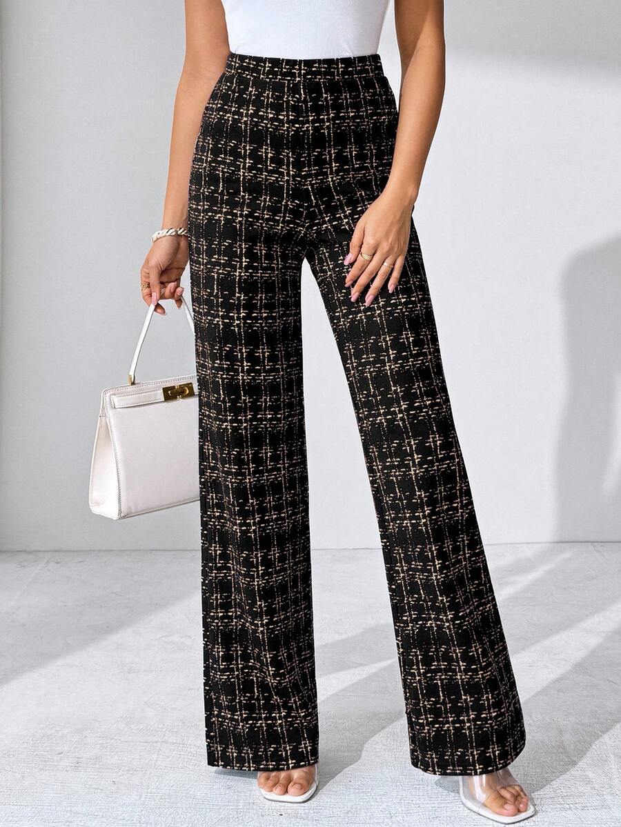 SHEIN Clasi Summer Elegant Women's Plaid Printed Elastic Knitted Pants, Suitable For Various Occasions, Suitable For Summer Vacation, Elegant Travel, And Daily Commuting Business Casual Woman