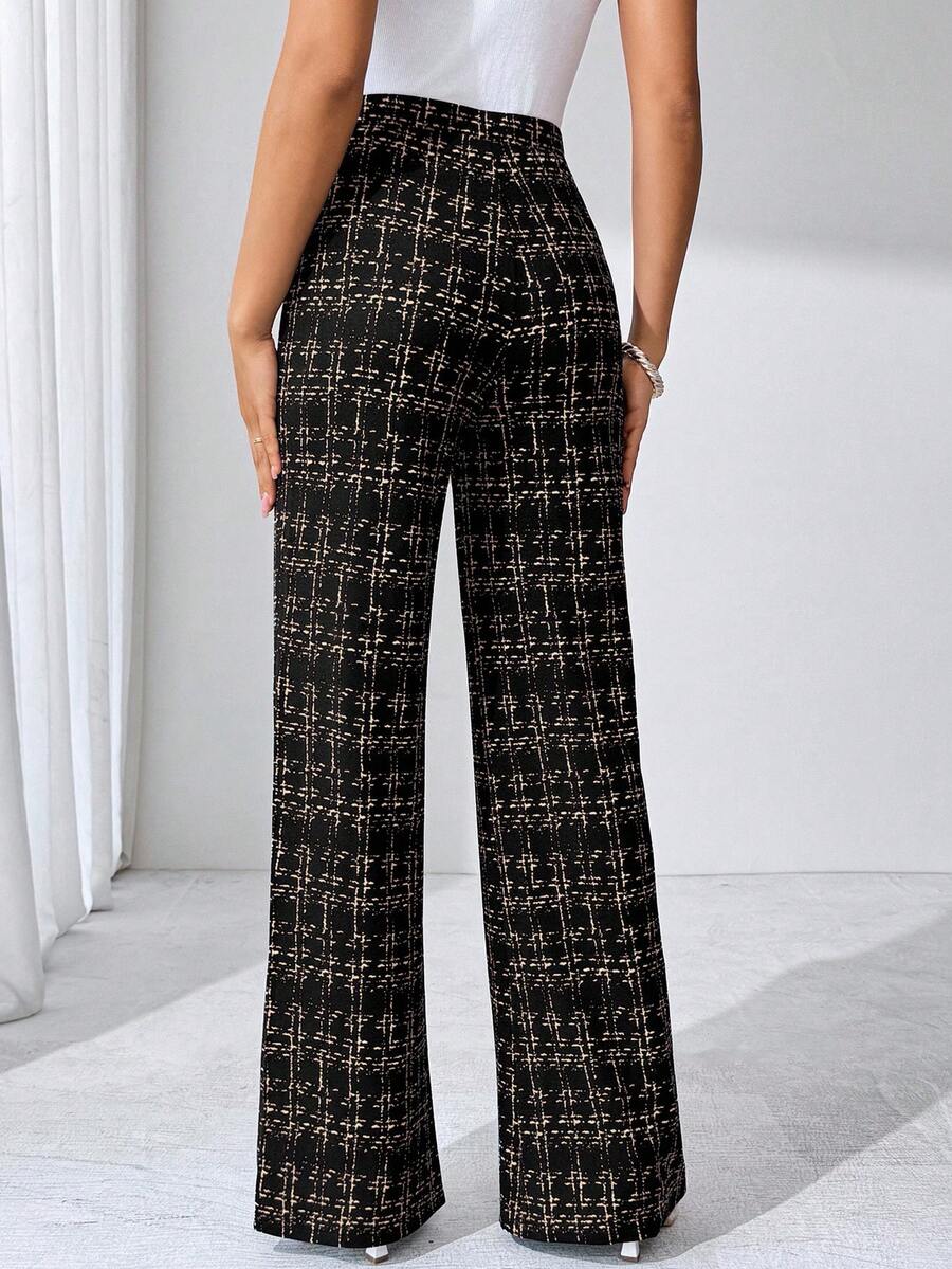 SHEIN Clasi Summer Elegant Women's Plaid Printed Elastic Knitted Pants, Suitable For Various Occasions, Suitable For Summer Vacation, Elegant Travel, And Daily Commuting Business Casual Woman