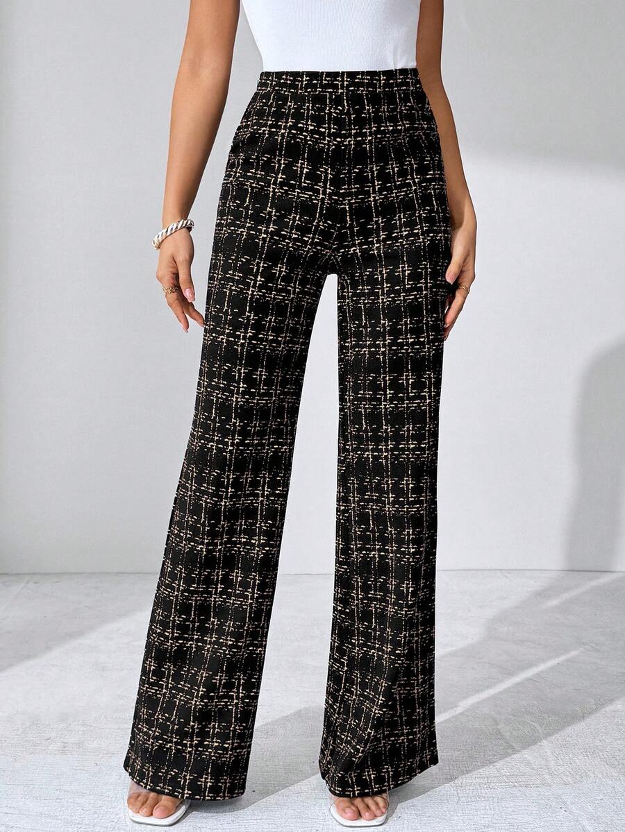 SHEIN Clasi Summer Elegant Women's Plaid Printed Elastic Knitted Pants, Suitable For Various Occasions, Suitable For Summer Vacation, Elegant Travel, And Daily Commuting Business Casual Woman