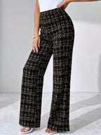 SHEIN Clasi Summer Elegant Women's Plaid Printed Elastic Knitted Pants, Suitable For Various Occasions, Suitable For Summer Vacation, Elegant Travel, And Daily Commuting Business Casual Woman
