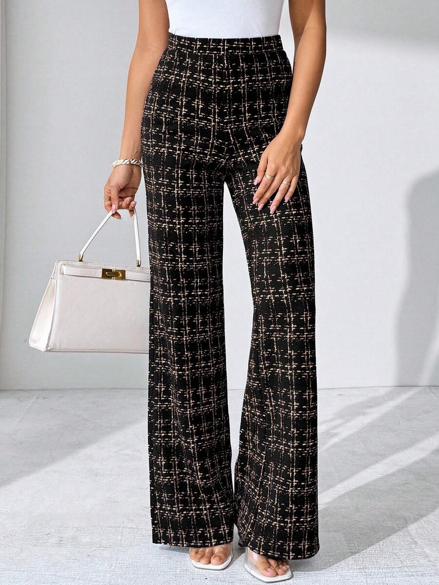 SHEIN Clasi Summer Elegant Women's Plaid Printed Elastic Knitted Pants, Suitable For Various Occasions, Suitable For Summer Vacation, Elegant Travel, And Daily Commuting Business Casual Woman