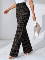 SHEIN Clasi Summer Elegant Women's Plaid Printed Elastic Knitted Pants, Suitable For Various Occasions, Suitable For Summer Vacation, Elegant Travel, And Daily Commuting Business Casual Woman
