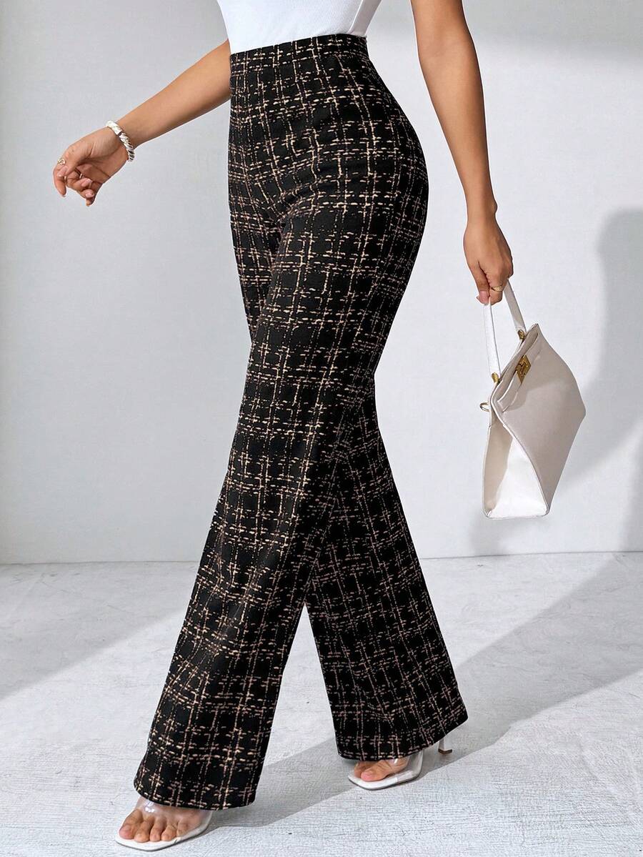 SHEIN Clasi Summer Elegant Women's Plaid Printed Elastic Knitted Pants, Suitable For Various Occasions, Suitable For Summer Vacation, Elegant Travel, And Daily Commuting Business Casual Woman