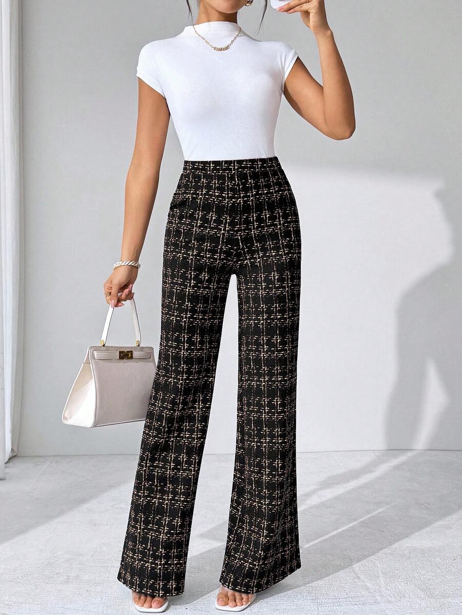 SHEIN Clasi Summer Elegant Women's Plaid Printed Elastic Knitted Pants, Suitable For Various Occasions, Suitable For Summer Vacation, Elegant Travel, And Daily Commuting Business Casual Woman