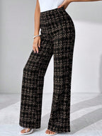 SHEIN Clasi Summer Elegant Women's Plaid Printed Elastic Knitted Pants, Suitable For Various Occasions, Suitable For Summer Vacation, Elegant Travel, And Daily Commuting Business Casual Woman