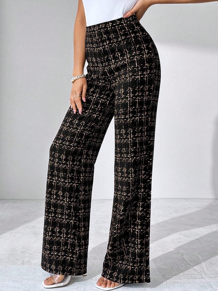 SHEIN Clasi Summer Elegant Women's Plaid Printed Elastic Knitted Pants, Suitable For Various Occasions, Suitable For Summer Vacation, Elegant Travel, And Daily Commuting Business Casual Woman