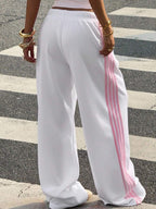 Muchica Women's White Striped Knitted Sweatpants Extra Long Straight Leg Pink Side Stripe Loose Fit Casual Track Pants For Everyday Wear White Beach Pants White Wide Leg Pants Women Wide Pants Wide Leg Summer Pants Palazzo Pants Women White Track Pants Women