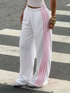 Muchica Women's White Striped Knitted Sweatpants Extra Long Straight Leg Pink Side Stripe Loose Fit Casual Track Pants For Everyday Wear White Beach Pants White Wide Leg Pants Women Wide Pants Wide Leg Summer Pants Palazzo Pants Women White Track Pants Women