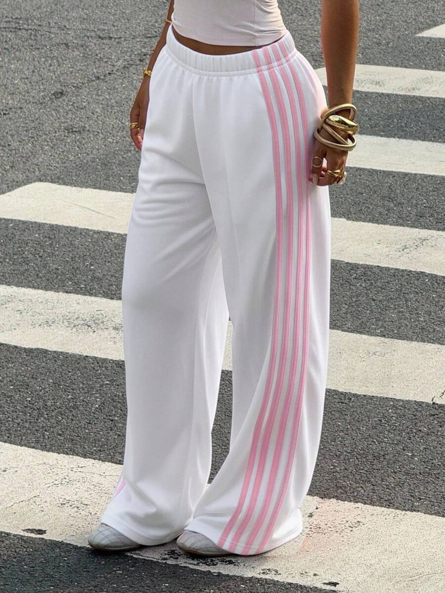 Muchica Women's White Striped Knitted Sweatpants Extra Long Straight Leg Pink Side Stripe Loose Fit Casual Track Pants For Everyday Wear White Beach Pants White Wide Leg Pants Women Wide Pants Wide Leg Summer Pants Palazzo Pants Women White Track Pants Women