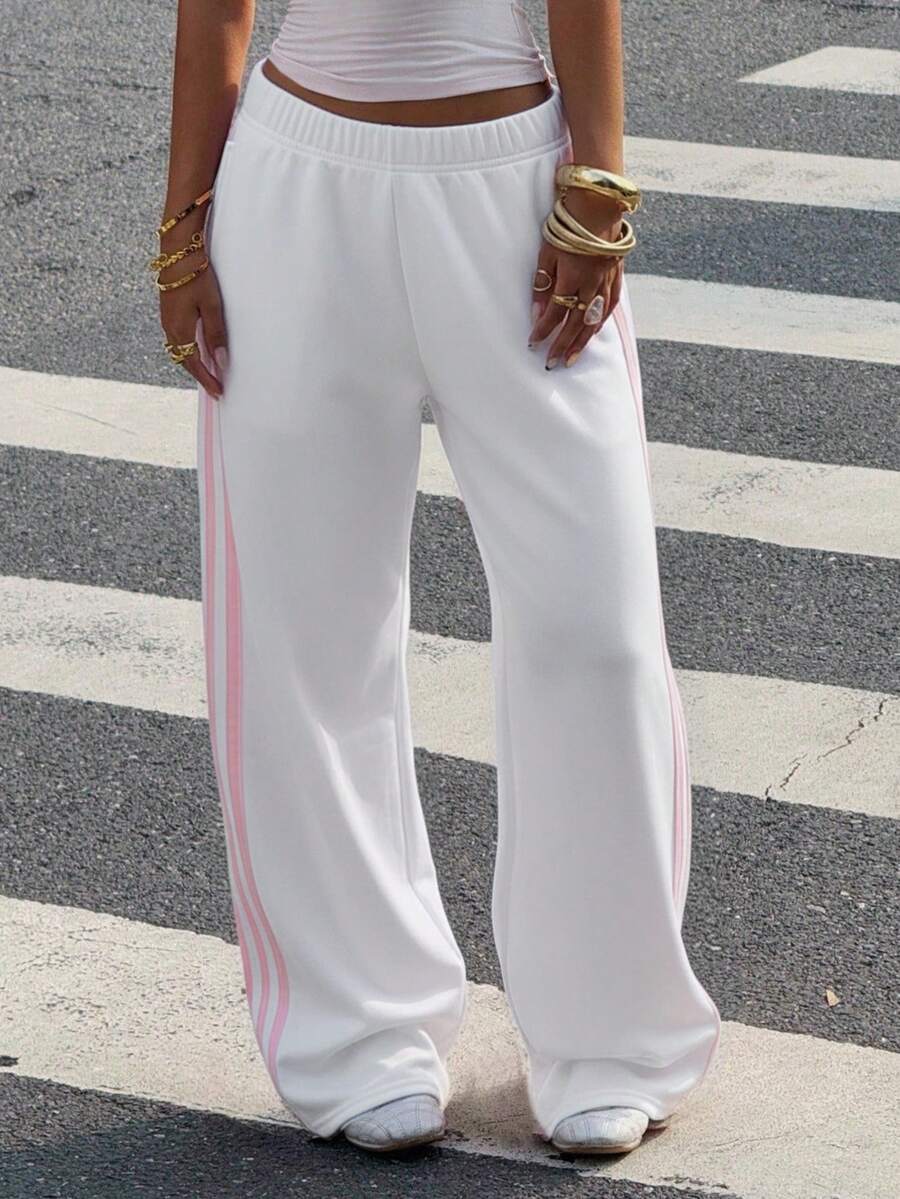 Muchica Women's White Striped Knitted Sweatpants Extra Long Straight Leg Pink Side Stripe Loose Fit Casual Track Pants For Everyday Wear White Beach Pants White Wide Leg Pants Women Wide Pants Wide Leg Summer Pants Palazzo Pants Women White Track Pants Women
