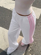 Muchica Women's White Striped Knitted Sweatpants Extra Long Straight Leg Pink Side Stripe Loose Fit Casual Track Pants For Everyday Wear White Beach Pants White Wide Leg Pants Women Wide Pants Wide Leg Summer Pants Palazzo Pants Women White Track Pants Women