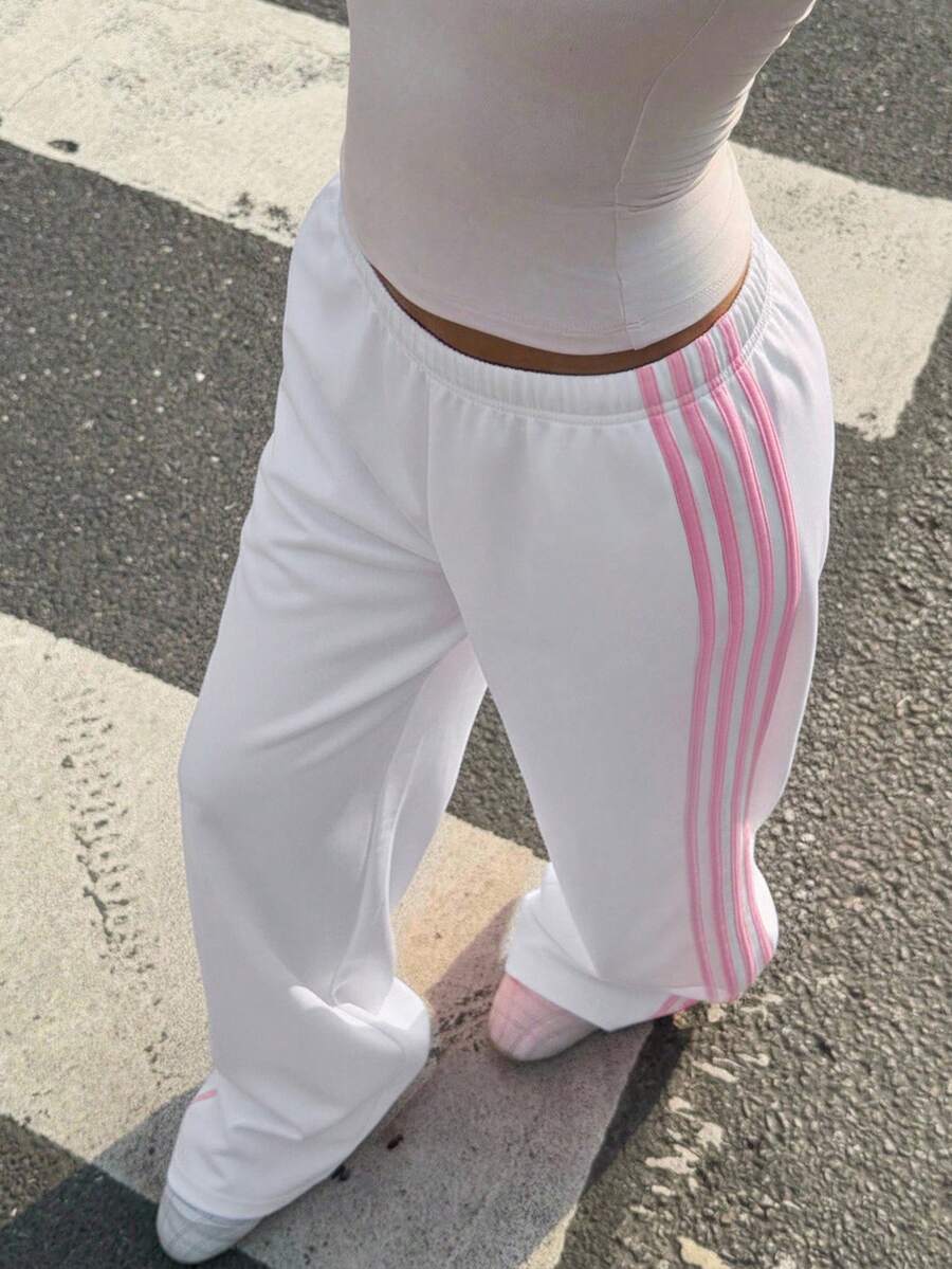 Muchica Women's White Striped Knitted Sweatpants Extra Long Straight Leg Pink Side Stripe Loose Fit Casual Track Pants For Everyday Wear White Beach Pants White Wide Leg Pants Women Wide Pants Wide Leg Summer Pants Palazzo Pants Women White Track Pants Women