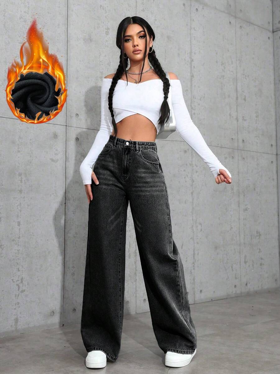 SHEIN ICON Casual Relaxed-Fit High-Waist Straight Leg Denim Jeans