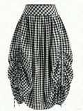 Solstice Apparel Gingham Print Drawstring Ruched Balloon Skirt, High Waist Loose Slim Fit Midi Skirt, Retro Cottagecore Style, Perfect For Daily Commute, Outings & Dates, Spring Summer Versatile Bottoms
