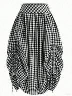 Solstice Apparel Gingham Print Drawstring Ruched Balloon Skirt, High Waist Loose Slim Fit Midi Skirt, Retro Cottagecore Style, Perfect For Daily Commute, Outings & Dates, Spring Summer Versatile Bottoms