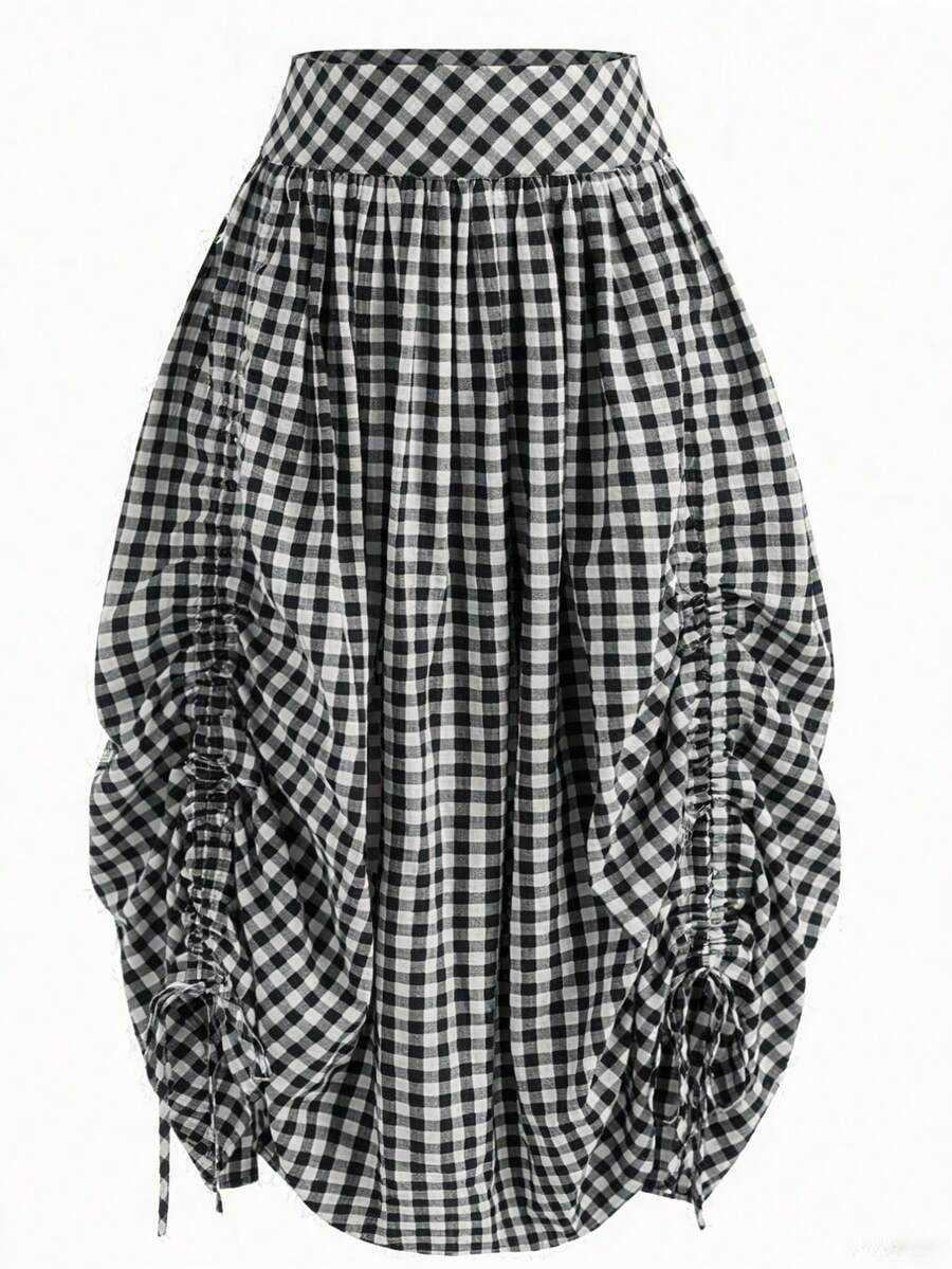 Solstice Apparel Gingham Print Drawstring Ruched Balloon Skirt, High Waist Loose Slim Fit Midi Skirt, Retro Cottagecore Style, Perfect For Daily Commute, Outings & Dates, Spring Summer Versatile Bottoms