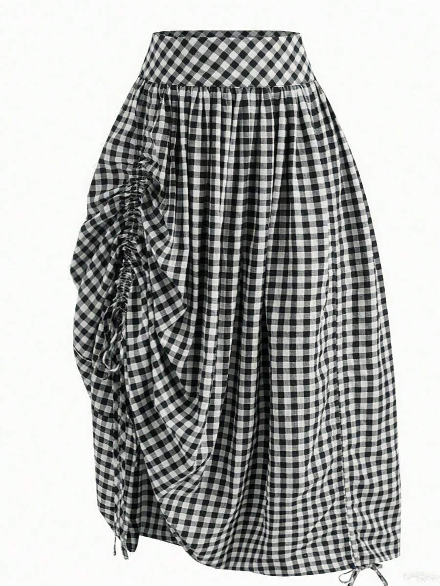 Solstice Apparel Gingham Print Drawstring Ruched Balloon Skirt, High Waist Loose Slim Fit Midi Skirt, Retro Cottagecore Style, Perfect For Daily Commute, Outings & Dates, Spring Summer Versatile Bottoms