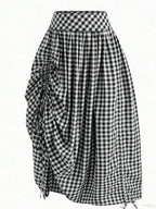 Solstice Apparel Gingham Print Drawstring Ruched Balloon Skirt, High Waist Loose Slim Fit Midi Skirt, Retro Cottagecore Style, Perfect For Daily Commute, Outings & Dates, Spring Summer Versatile Bottoms