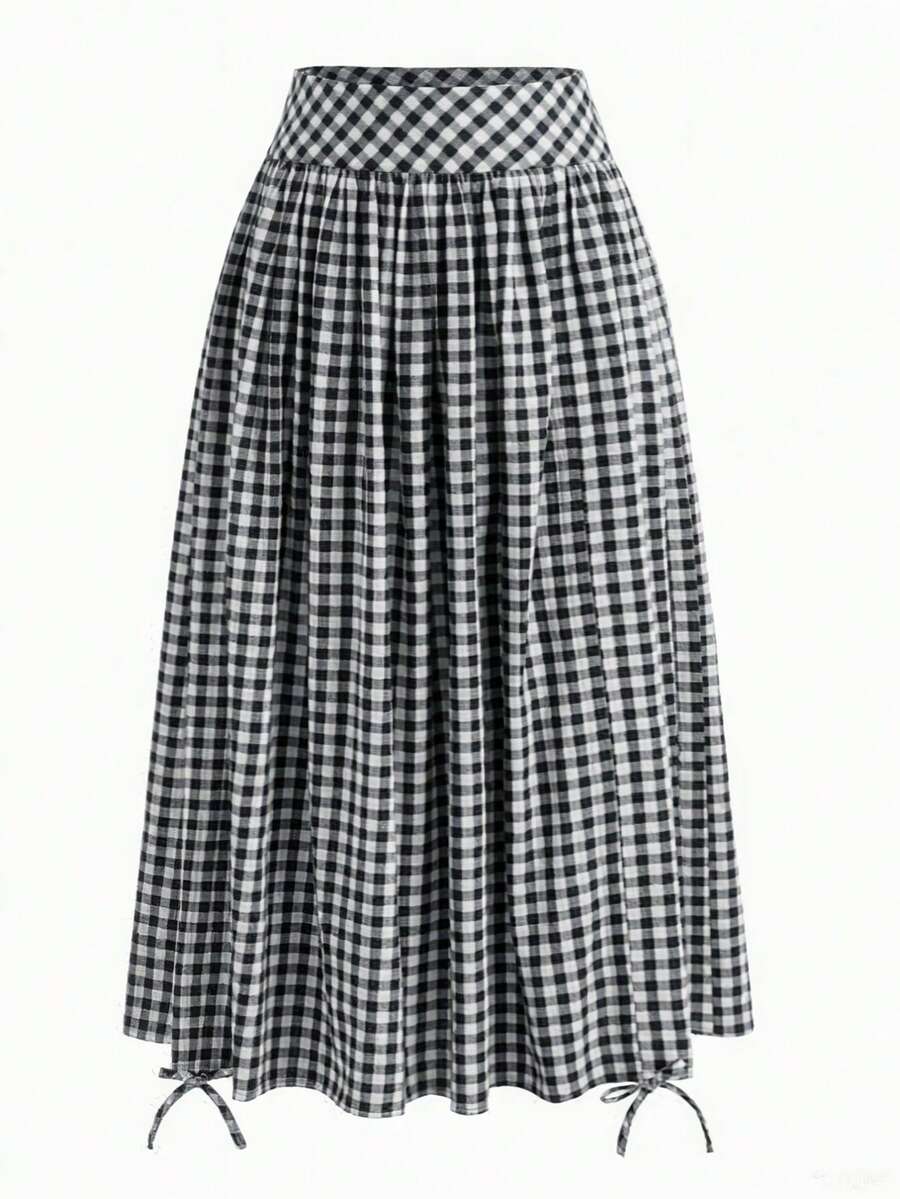 Solstice Apparel Gingham Print Drawstring Ruched Balloon Skirt, High Waist Loose Slim Fit Midi Skirt, Retro Cottagecore Style, Perfect For Daily Commute, Outings & Dates, Spring Summer Versatile Bottoms