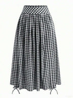 Solstice Apparel Gingham Print Drawstring Ruched Balloon Skirt, High Waist Loose Slim Fit Midi Skirt, Retro Cottagecore Style, Perfect For Daily Commute, Outings & Dates, Spring Summer Versatile Bottoms
