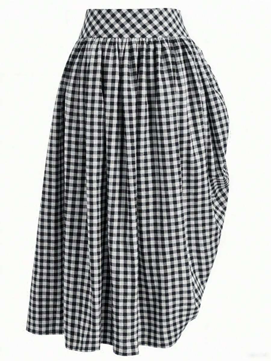 Solstice Apparel Gingham Print Drawstring Ruched Balloon Skirt, High Waist Loose Slim Fit Midi Skirt, Retro Cottagecore Style, Perfect For Daily Commute, Outings & Dates, Spring Summer Versatile Bottoms