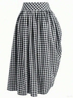 Solstice Apparel Gingham Print Drawstring Ruched Balloon Skirt, High Waist Loose Slim Fit Midi Skirt, Retro Cottagecore Style, Perfect For Daily Commute, Outings & Dates, Spring Summer Versatile Bottoms