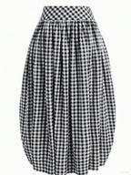 Solstice Apparel Gingham Print Drawstring Ruched Balloon Skirt, High Waist Loose Slim Fit Midi Skirt, Retro Cottagecore Style, Perfect For Daily Commute, Outings & Dates, Spring Summer Versatile Bottoms