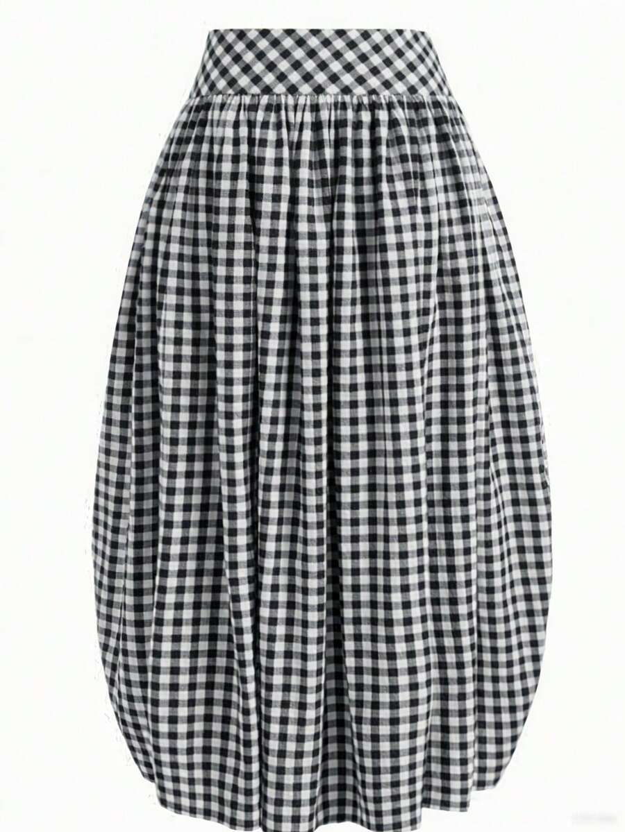 Solstice Apparel Gingham Print Drawstring Ruched Balloon Skirt, High Waist Loose Slim Fit Midi Skirt, Retro Cottagecore Style, Perfect For Daily Commute, Outings & Dates, Spring Summer Versatile Bottoms