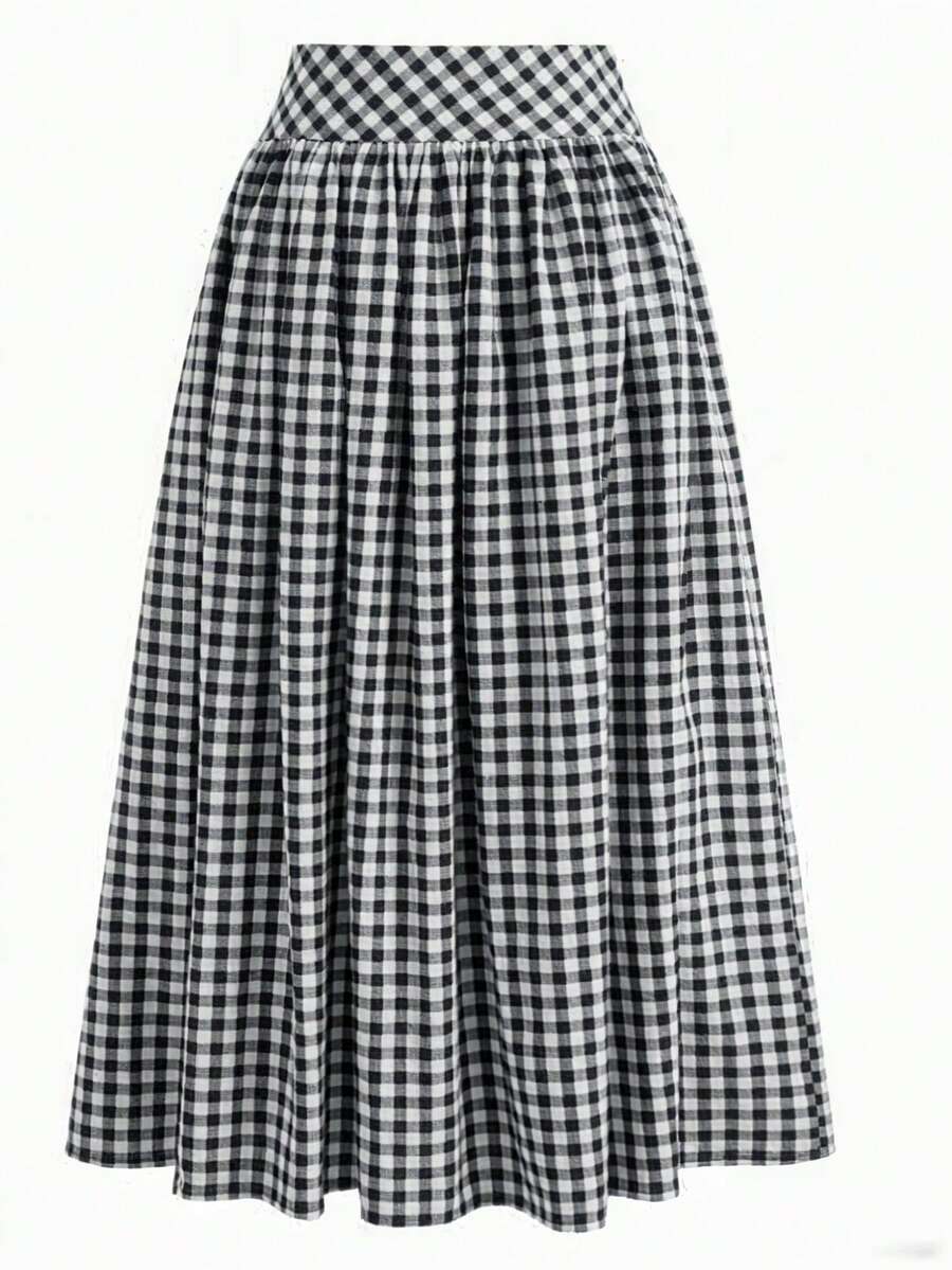 Solstice Apparel Gingham Print Drawstring Ruched Balloon Skirt, High Waist Loose Slim Fit Midi Skirt, Retro Cottagecore Style, Perfect For Daily Commute, Outings & Dates, Spring Summer Versatile Bottoms