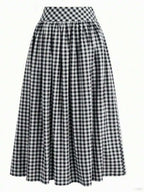 Solstice Apparel Gingham Print Drawstring Ruched Balloon Skirt, High Waist Loose Slim Fit Midi Skirt, Retro Cottagecore Style, Perfect For Daily Commute, Outings & Dates, Spring Summer Versatile Bottoms