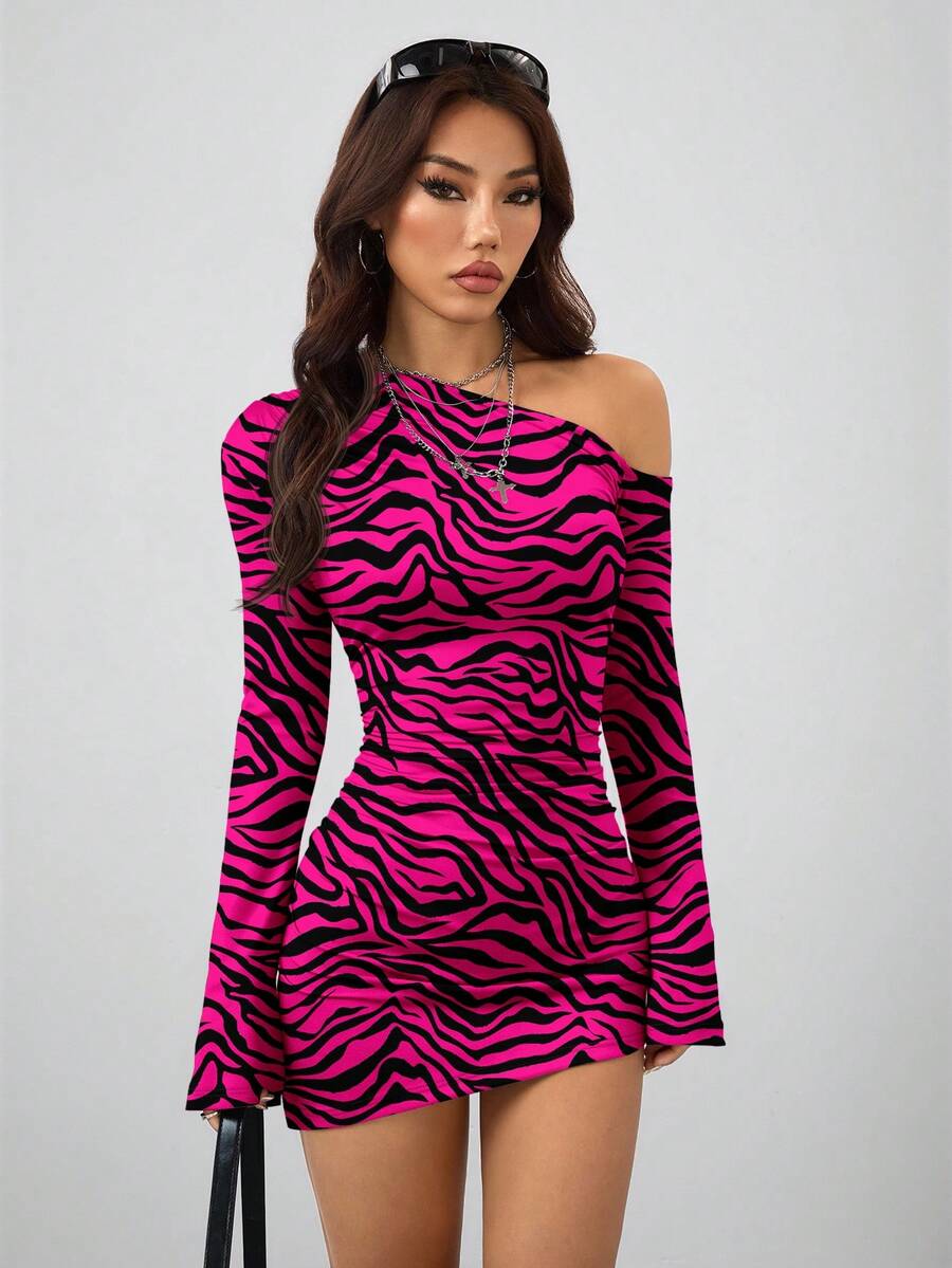 Coolane Women's Spring New Year Eve Date Night Coquette Rib Knit Ruched Asymmetrical Neck Slim Fit Skirts Mini Ruched Dresses For Elegant,Valentine's Day, Nye Outfit,Summer Dresses For Women