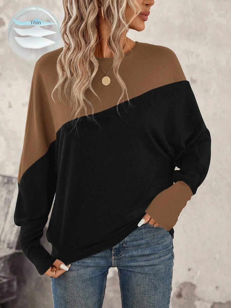 SHEIN LUNE Two Tone Batwing Sleeve Sweatshirt Graduation,Back To School Outfits,Graduation,Teacher Outfits For Women,Back To School In Fall/Winter Women Long Sleeve Tops Winter Tops For Women Pullover For Women Women Sweater Oversized Sweatshirt Woman,Fall,Fall Clothes For Women