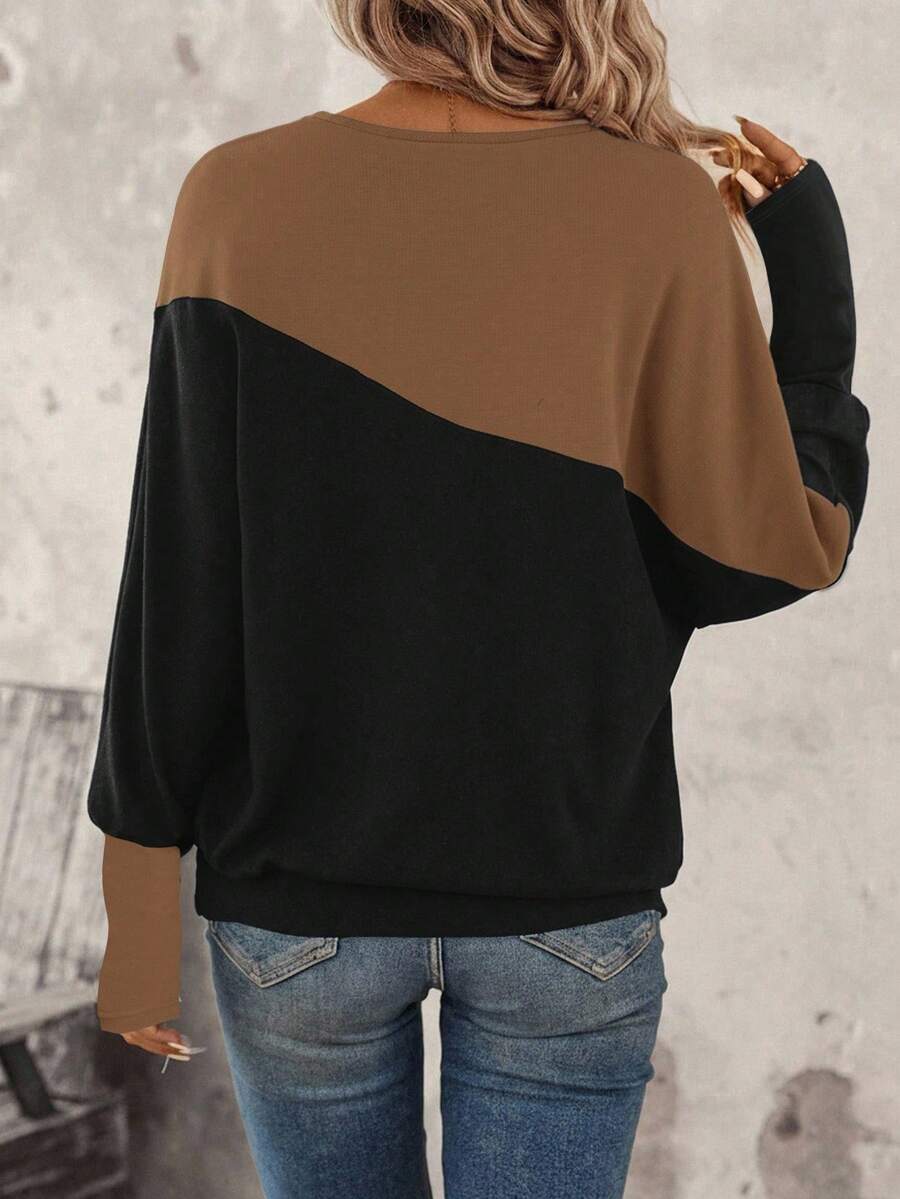 SHEIN LUNE Two Tone Batwing Sleeve Sweatshirt Graduation,Back To School Outfits,Graduation,Teacher Outfits For Women,Back To School In Fall/Winter Women Long Sleeve Tops Winter Tops For Women Pullover For Women Women Sweater Oversized Sweatshirt Woman,Fall,Fall Clothes For Women