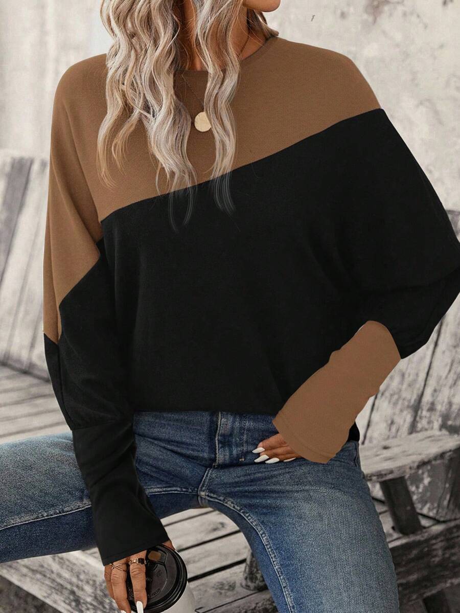 SHEIN LUNE Two Tone Batwing Sleeve Sweatshirt Graduation,Back To School Outfits,Graduation,Teacher Outfits For Women,Back To School In Fall/Winter Women Long Sleeve Tops Winter Tops For Women Pullover For Women Women Sweater Oversized Sweatshirt Woman,Fall,Fall Clothes For Women