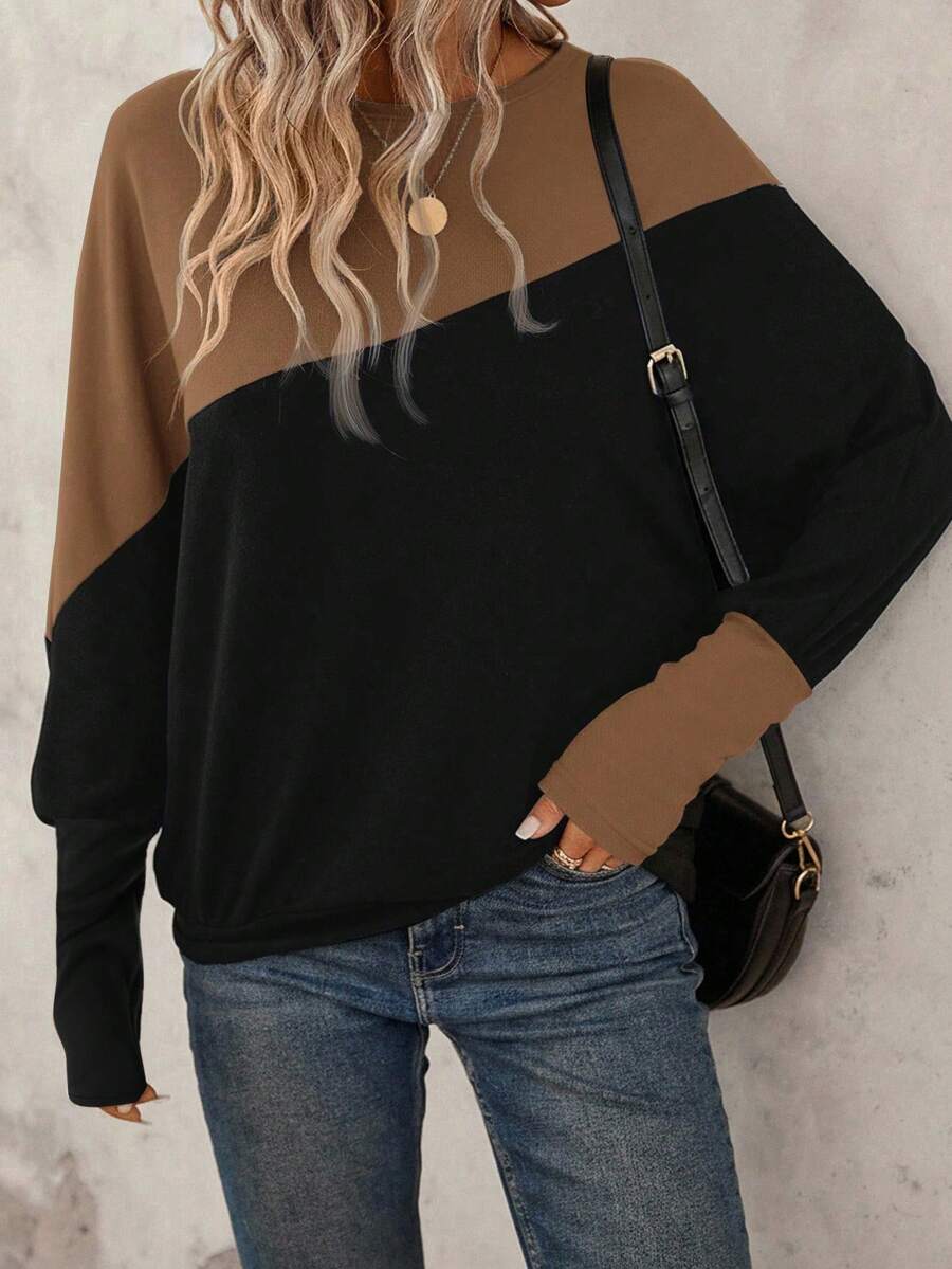 SHEIN LUNE Two Tone Batwing Sleeve Sweatshirt Graduation,Back To School Outfits,Graduation,Teacher Outfits For Women,Back To School In Fall/Winter Women Long Sleeve Tops Winter Tops For Women Pullover For Women Women Sweater Oversized Sweatshirt Woman,Fall,Fall Clothes For Women