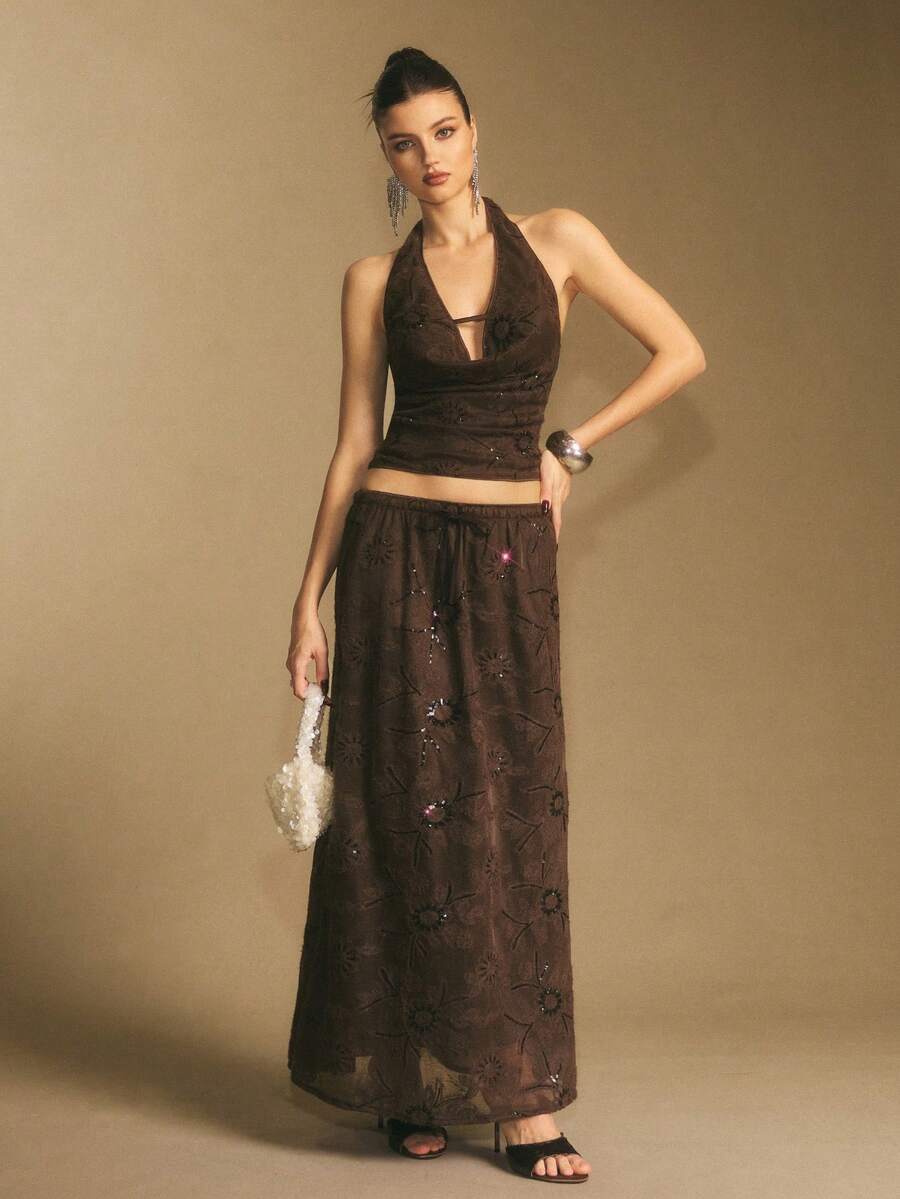 Poéselle Women's Skirt, Floor Length Maxi Skirt, Tie At Waist, Cute Skirt, Low Waist Skirt