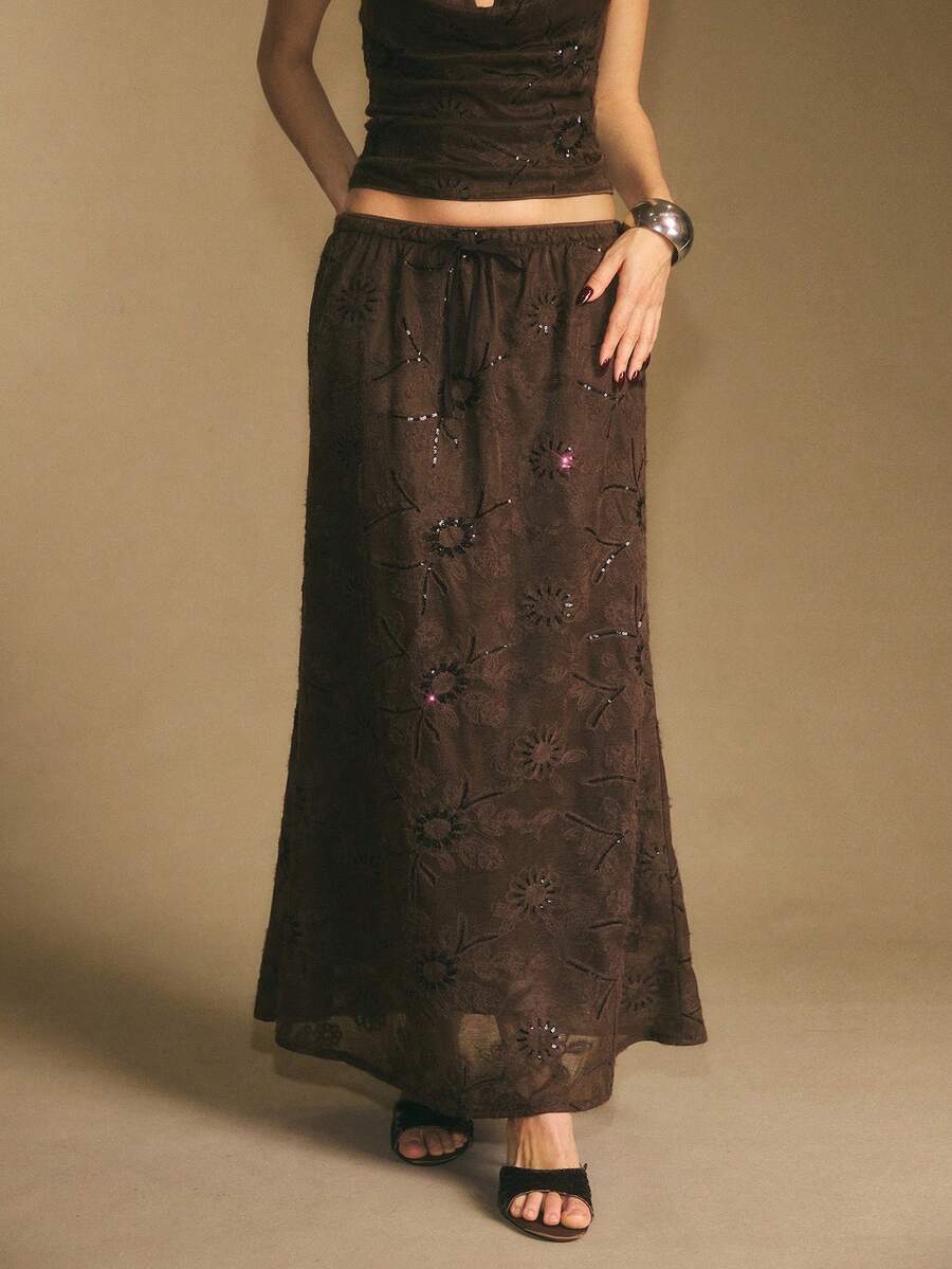 Poéselle Women's Skirt, Floor Length Maxi Skirt, Tie At Waist, Cute Skirt, Low Waist Skirt