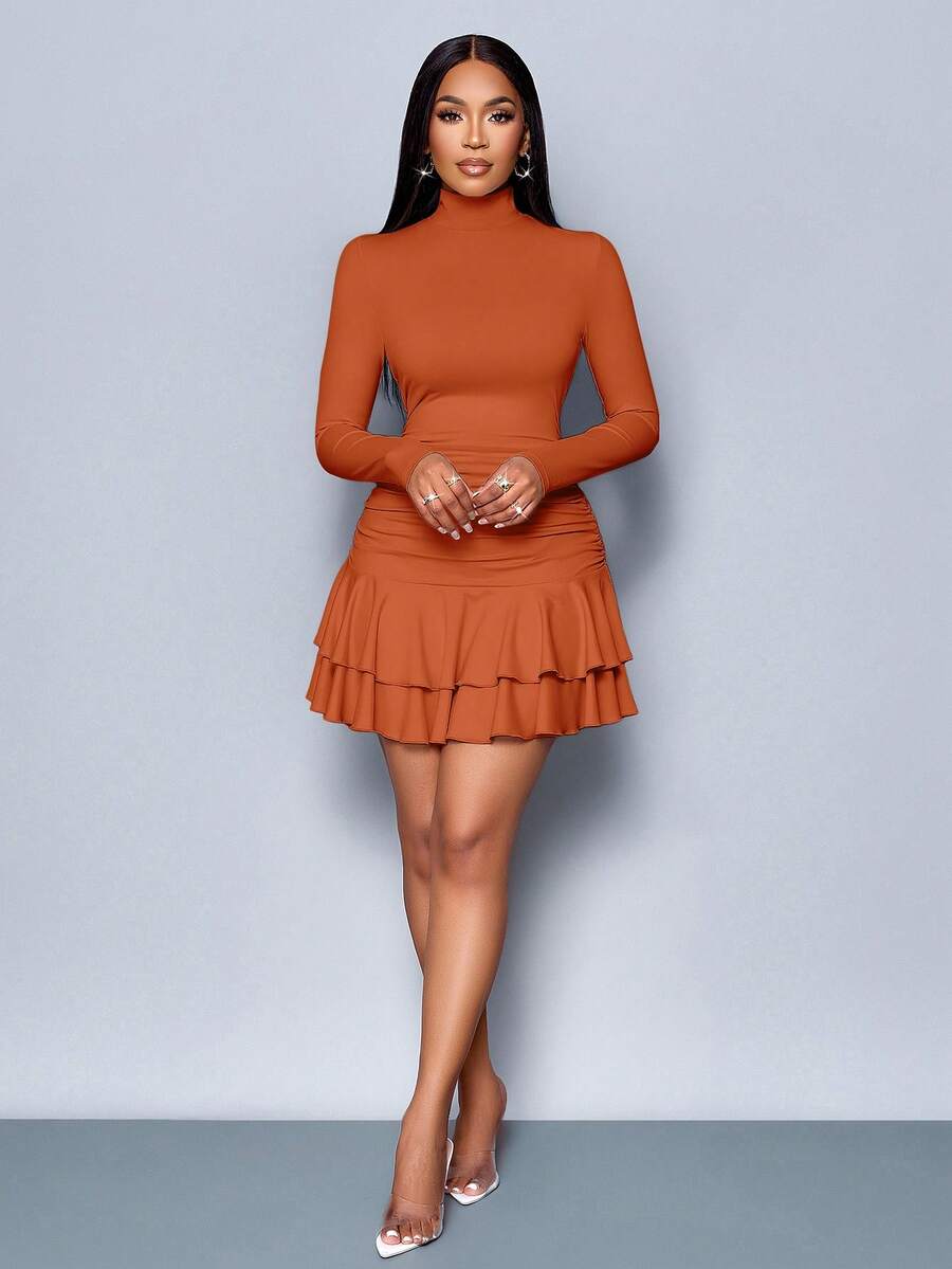 SOLERSUN Winter Clothes For Women Dresses For Women Elegant Elegant Party Daytime Apricot Knitted High Neck Long Sleeves Gathered Double Ruffled Mini Dress Fall Cloth For Women