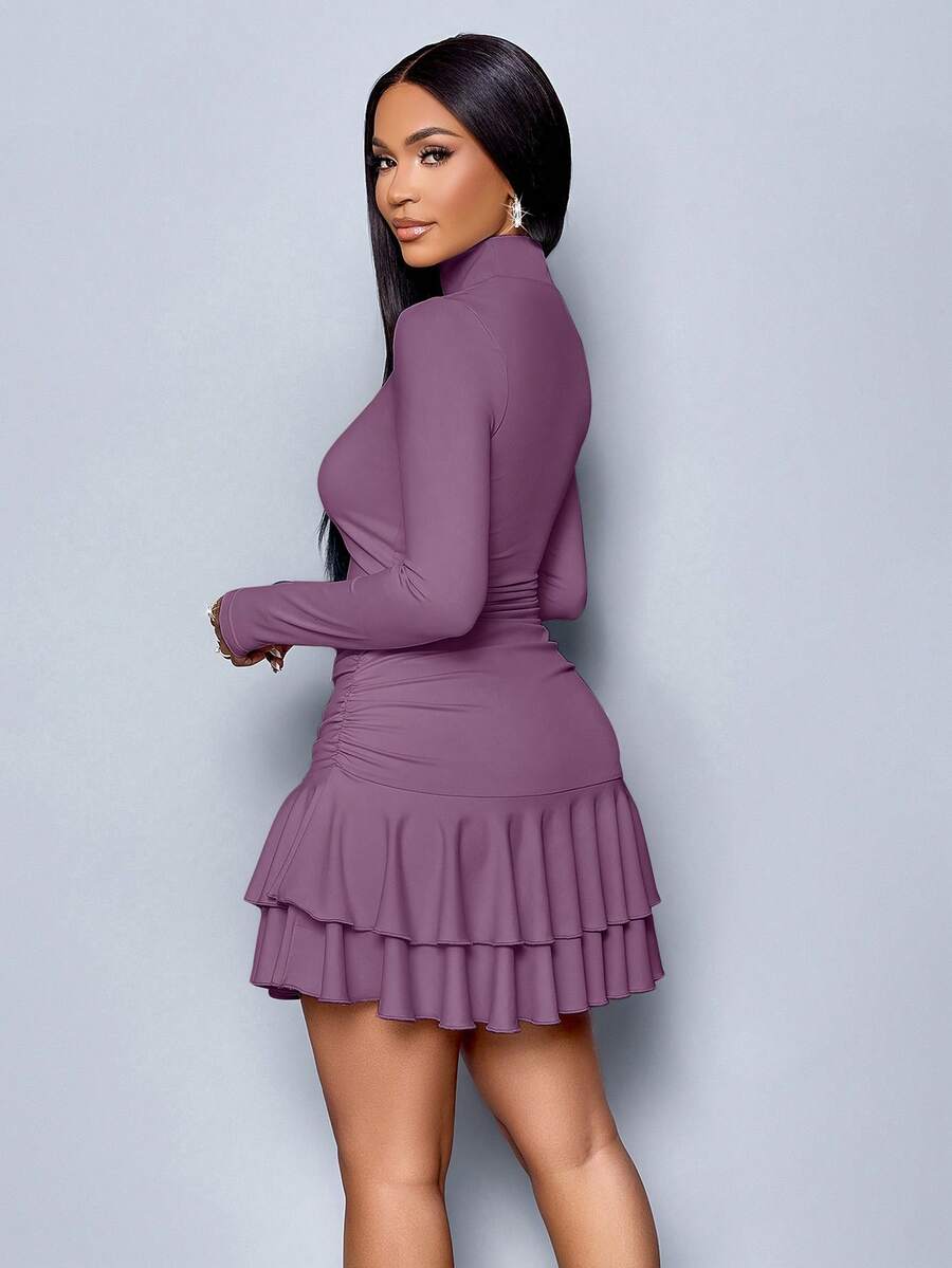 SOLERSUN Winter Clothes For Women Dresses For Women Elegant Elegant Party Daytime Apricot Knitted High Neck Long Sleeves Gathered Double Ruffled Mini Dress Fall Cloth For Women