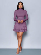 SOLERSUN Winter Clothes For Women Dresses For Women Elegant Elegant Party Daytime Apricot Knitted High Neck Long Sleeves Gathered Double Ruffled Mini Dress Fall Cloth For Women