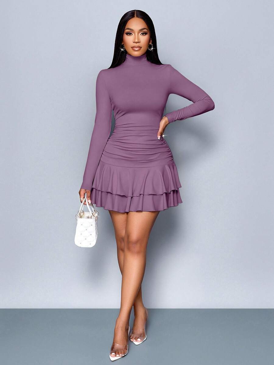 SOLERSUN Winter Clothes For Women Dresses For Women Elegant Elegant Party Daytime Apricot Knitted High Neck Long Sleeves Gathered Double Ruffled Mini Dress Fall Cloth For Women