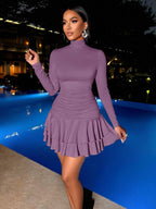 SOLERSUN Winter Clothes For Women Dresses For Women Elegant Elegant Party Daytime Apricot Knitted High Neck Long Sleeves Gathered Double Ruffled Mini Dress Fall Cloth For Women