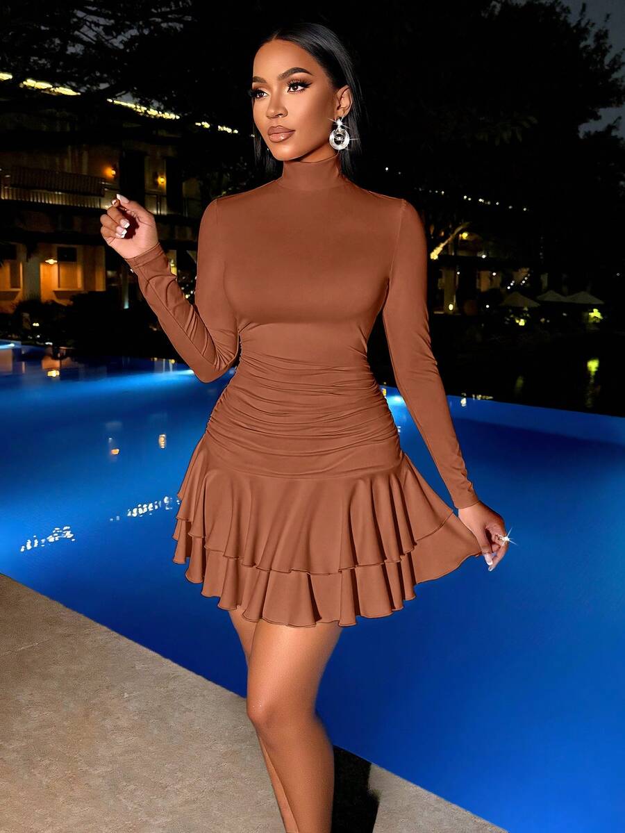 SOLERSUN Winter Clothes For Women Dresses For Women Elegant Elegant Party Daytime Apricot Knitted High Neck Long Sleeves Gathered Double Ruffled Mini Dress Fall Cloth For Women