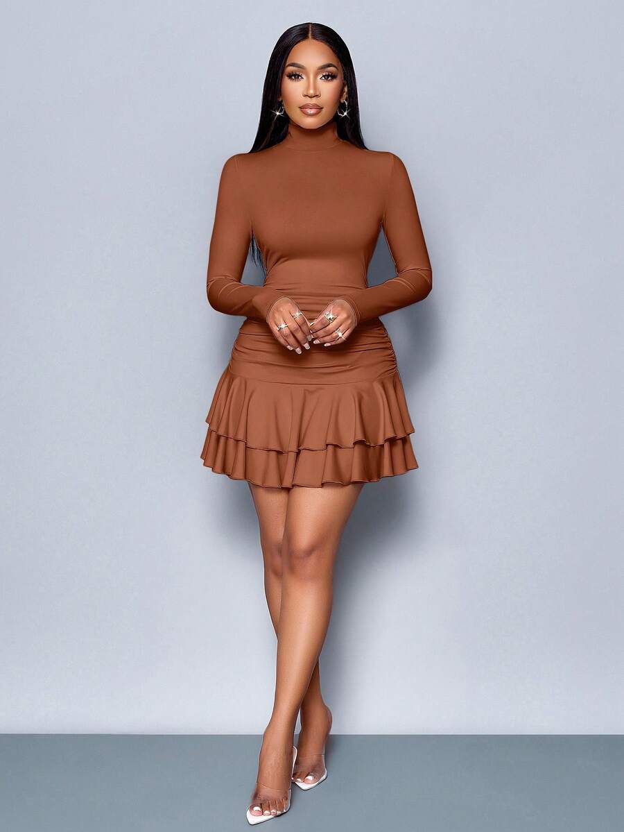 SOLERSUN Winter Clothes For Women Dresses For Women Elegant Elegant Party Daytime Apricot Knitted High Neck Long Sleeves Gathered Double Ruffled Mini Dress Fall Cloth For Women