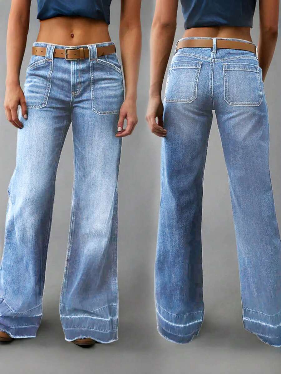 Women's Wide Leg Flared Jeans With Diamond Shaped Front Pockets
