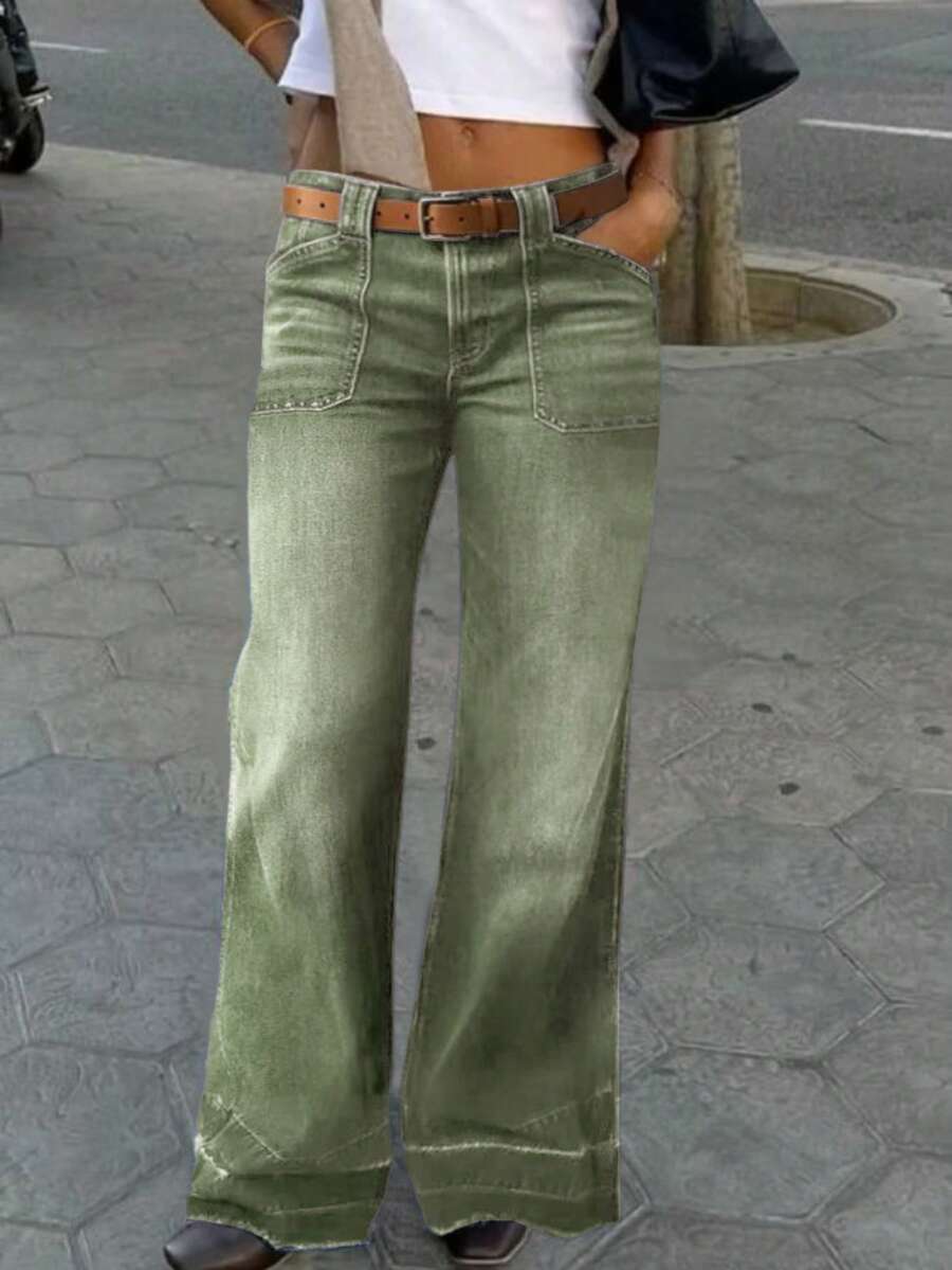 Women's Wide Leg Flared Jeans With Diamond Shaped Front Pockets