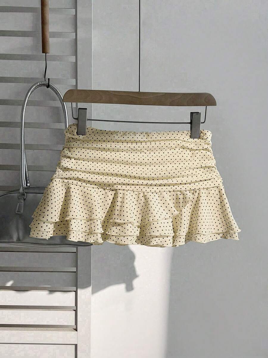Elamini Women's Fashion Pleated Layered Decor Sweet Design Charming Polka Dot Ruffle Hem Vacation Style Skirt