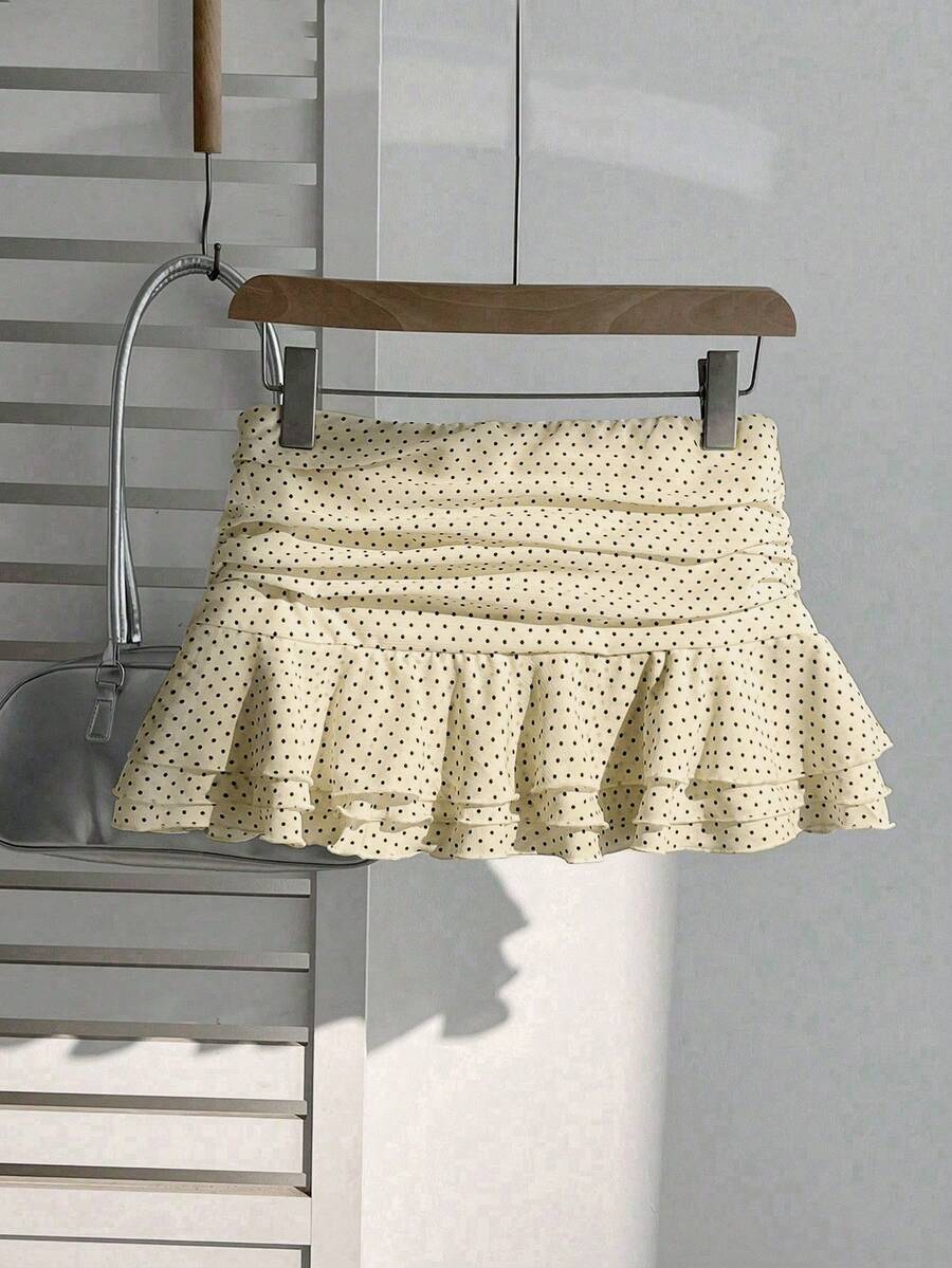 Elamini Women's Fashion Pleated Layered Decor Sweet Design Charming Polka Dot Ruffle Hem Vacation Style Skirt