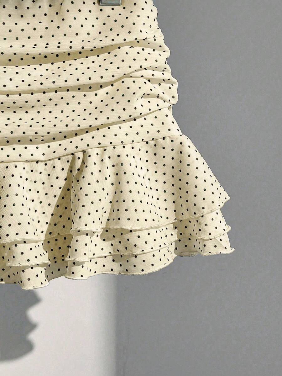 Elamini Women's Fashion Pleated Layered Decor Sweet Design Charming Polka Dot Ruffle Hem Vacation Style Skirt